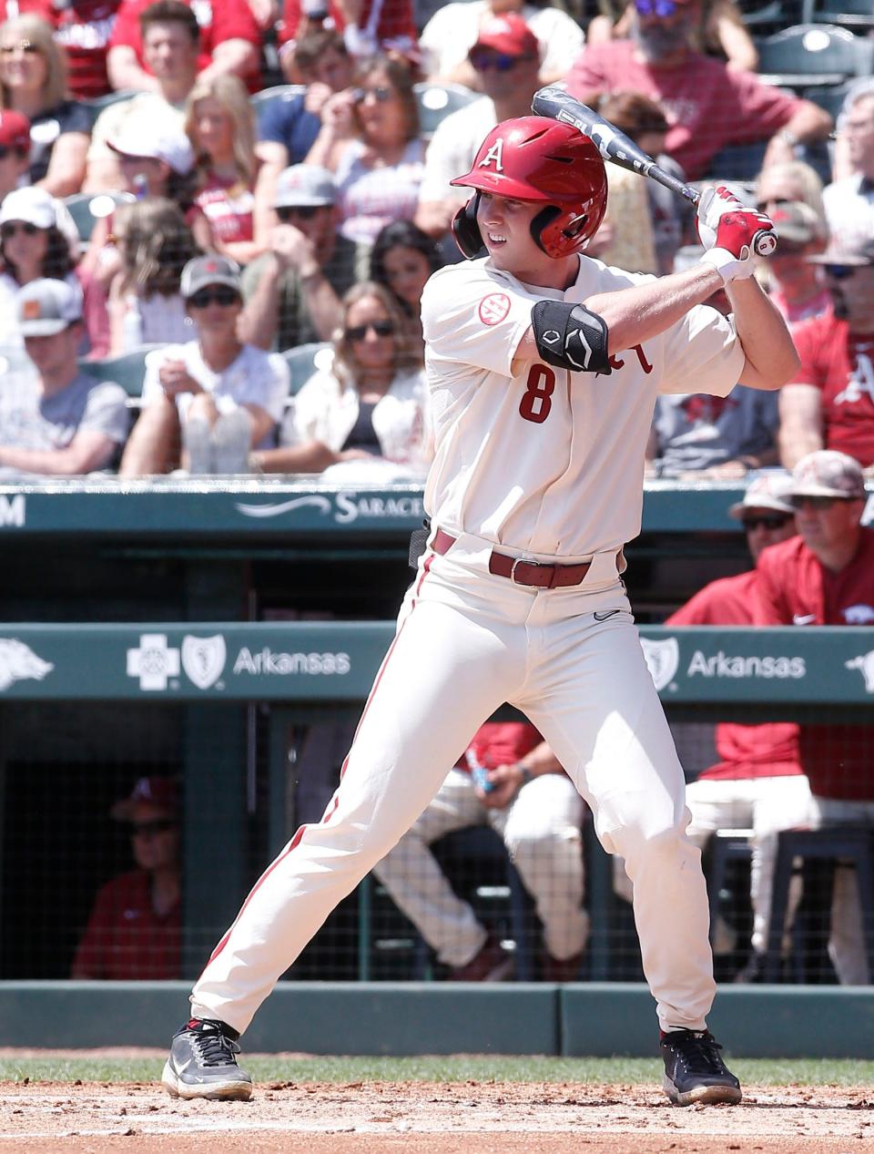 University of Arkansas-Fayetteville leftfielder Jace Bohrofen (8) waits for the pitch during the Razorbacks' SEC conference game against Ole Miss on May 1, 2022, at Baum-Walker Stadium in Fayetteville, Ark.