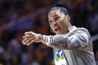 South Carolina head coach Dawn Staley yells to her players during the second half of an NCAA college basketball game against Tennessee, Thursday, Feb. 23, 2023, in Knoxville, Tenn. (AP Photo/Wade Payne)
