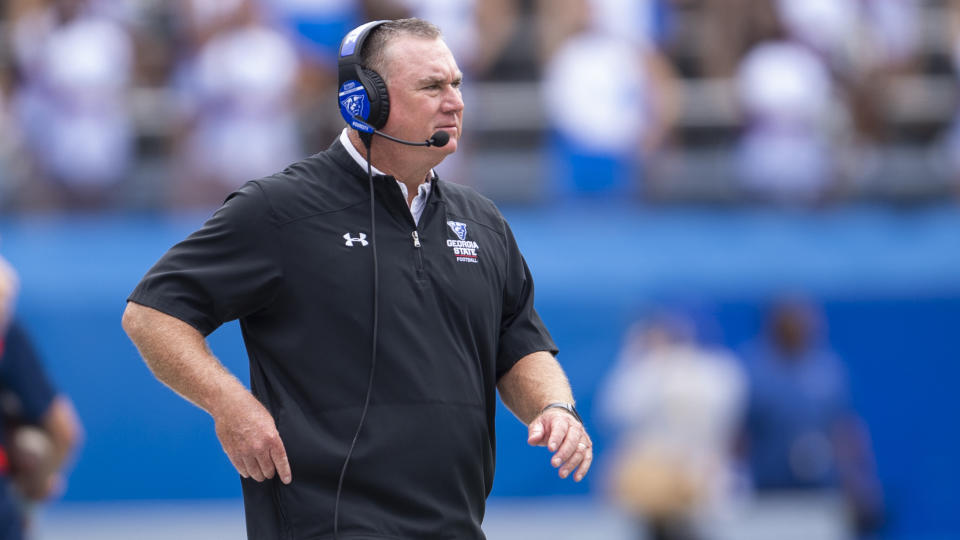 Georgia State head coach Shawn Elliott watches from the sideline in the first half of an NCAA college football game against North Carolina Saturday, Sept. 10, 2022, in Atlanta. (AP Photo/Hakim Wright Sr.)