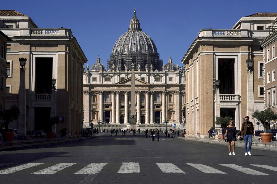 A view of St. Peter's Basilica at the Vatican, Wednesday, March 11, 2020. Pope Francis held his weekly general audience in the privacy of his library as the Vatican implemented Italy’s drastic coronavirus lockdown measures, barring the general public from St. Peter’s Square and taking precautions to limit the spread of infections in the tiny city state.For most people, the new coronavirus causes only mild or moderate symptoms, such as fever and cough. For some, especially older adults and people with existing health problems, it can cause more severe illness, including pneumonia. (AP Photo/Andrew Medichini)