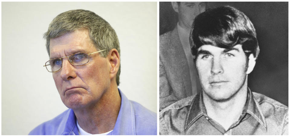 FILE - This combination of file photos shows former Charles Manson follower Charles "Tex" Watson, left, appearing during his parole hearing at Mule Creek State Prison in Lone, Calif., in Nov. 16, 2011, and Watson in a courtroom at an extradition hearing in McKinney, Texas, on Feb. 16, 1970. Leslie Van Houten, one of Manson's followers, was released from prison on parole on July 11, 2023. (AP Photo/Files)