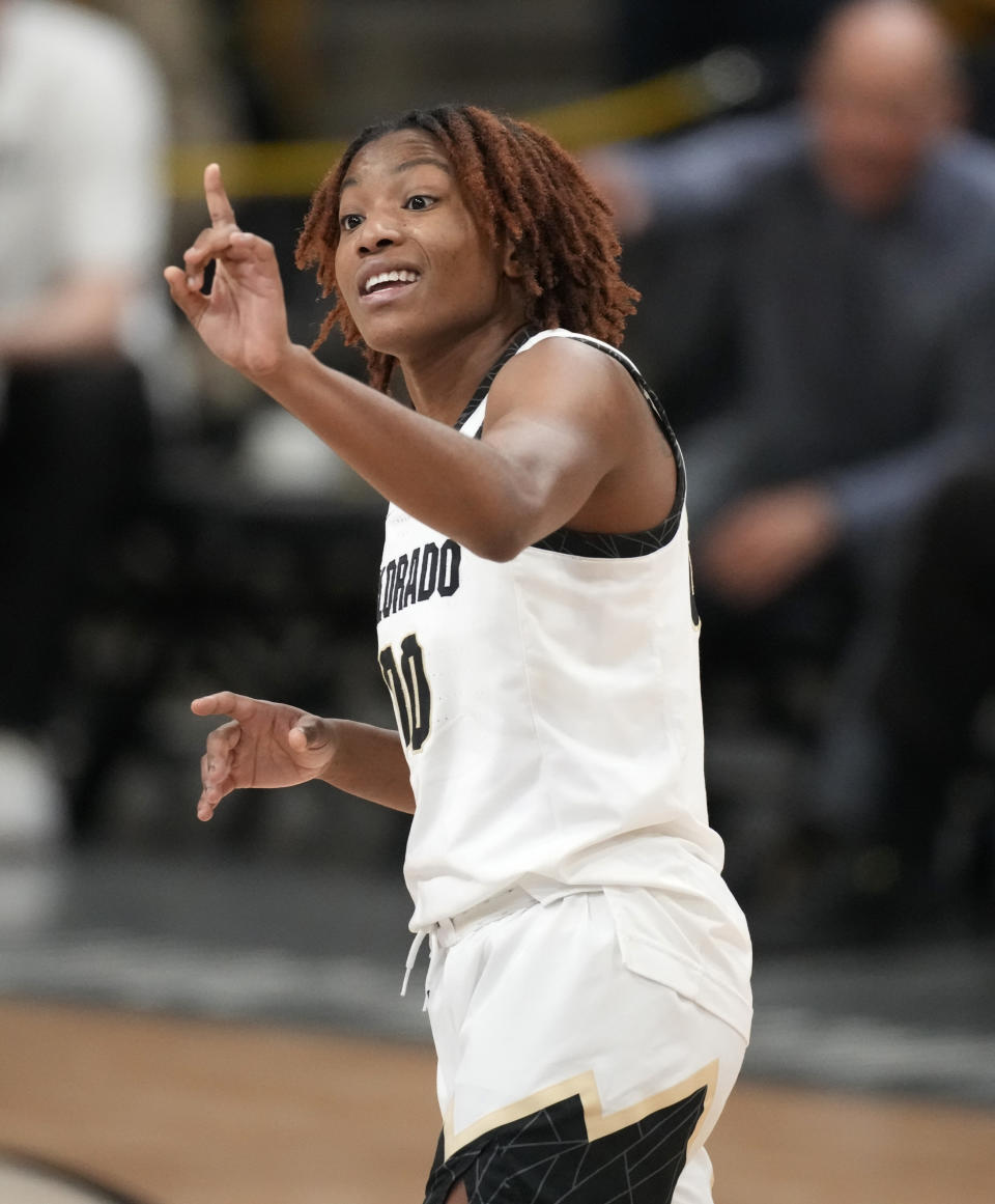 Colorado guard Jaylyn Sherrod gestures to the bench in overtime of an NCAA college basketball game against Stanford, Thursday, Feb. 23, 2023, in Boulder, Colo. (AP Photo/David Zalubowski)