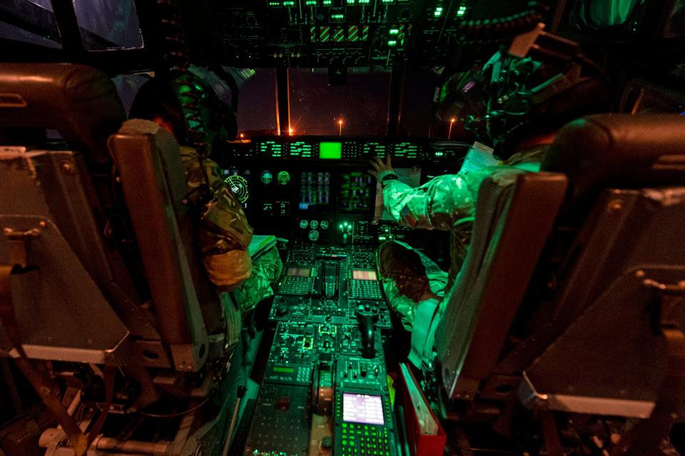 Pilots from 47 Squadron ready their C-130J Hercules for takeoff during Exercise Askari Storm in Kenya in 2020. <em>Crown Copyright </em>