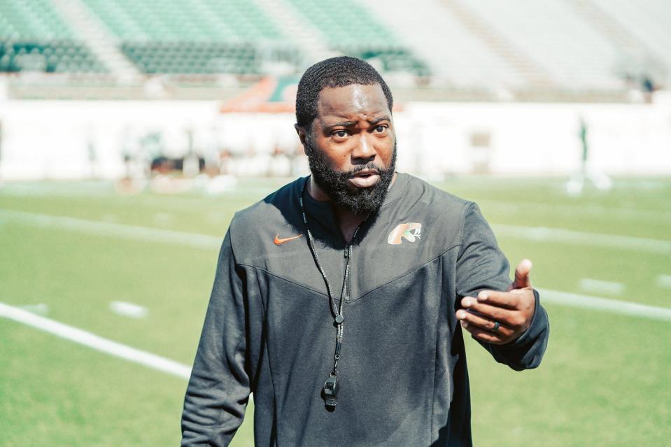 Florida A&M University special teams coordinator Chili Davis instructs players during a fall training camp practice