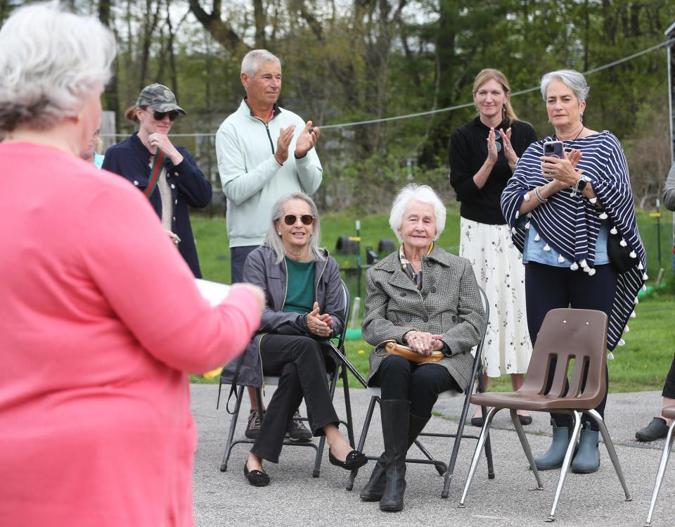 Deborah DeScenza, founder and executive director of Farmsteads of New England, Inc., thanks members of her family for their support through the years during the groundbreaking ceremony of Redberry Farm in Epping May 9, 2024.