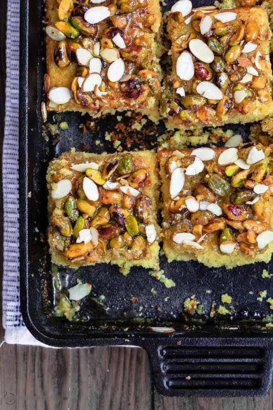 <p><strong>Greek Orange Honey Cake with Pistachios</strong></p><p>Get the recipe <a href="https://www.themediterraneandish.com/greek-orange-honey-cake-pistachios/" rel="nofollow noopener" target="_blank" data-ylk="slk:here;elm:context_link;itc:0;sec:content-canvas" class="link rapid-noclick-resp"><em><strong>here</strong></em></a></p>