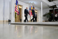 President Joe Biden and Spain's Prime Minister Pedro Sanchez arrive to speak at the Palace of Moncloa in Madrid, Tuesday, June 28, 2022. Biden will also be attending the North Atlantic Treaty Organization summit in Madrid. (AP Photo/Susan Walsh)