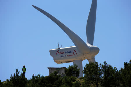 FILE PHOTO: A Saudi Acwa Power-generating windmill is pictured in Jbel Sendouq, on the outskirts of Tangier, Morocco, June 29, 2018. REUTERS/Youssef Boudlal/File Photo