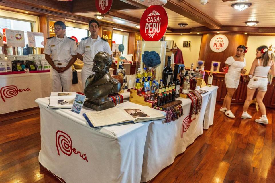 View of the Casa Perú, a traveling exhibition and experience platform aimed at promoting tourist destinations and displaying the diverse Peruvian offer aboard of the B.A.P. Unión, after the colossal four-masted flagship of the Peruvian Navy, docked at the Maurice Ferré Park, in Miami for a visit between March 13th through 17th, on Wednesday, March 13, 2024.