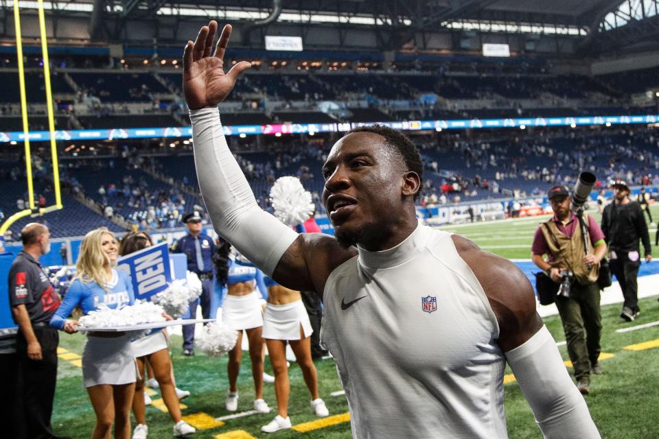 Detroit Lions cornerback Jerry Jacobs (23) waves at fans after 20-6 win over against Atlanta Falcons at Ford Field in Detroit on Sunday, Sept. 24, 2023.