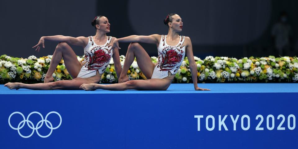 Ukraine's Marta Fiedina and Anastasiya Savchuk during the synchronized swimming competition at Tokyo 2020