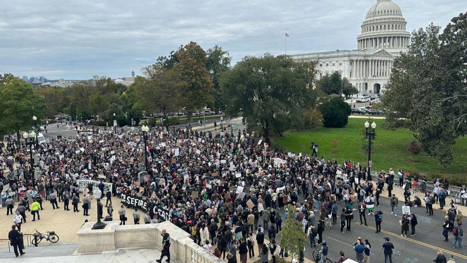 PHOTO: Protestors calling for a ceasefire in Gaza block the street in front of the U.S. Capitol in Washington, Oct. 18, 2023. (Jay O'Brien/ABC News)