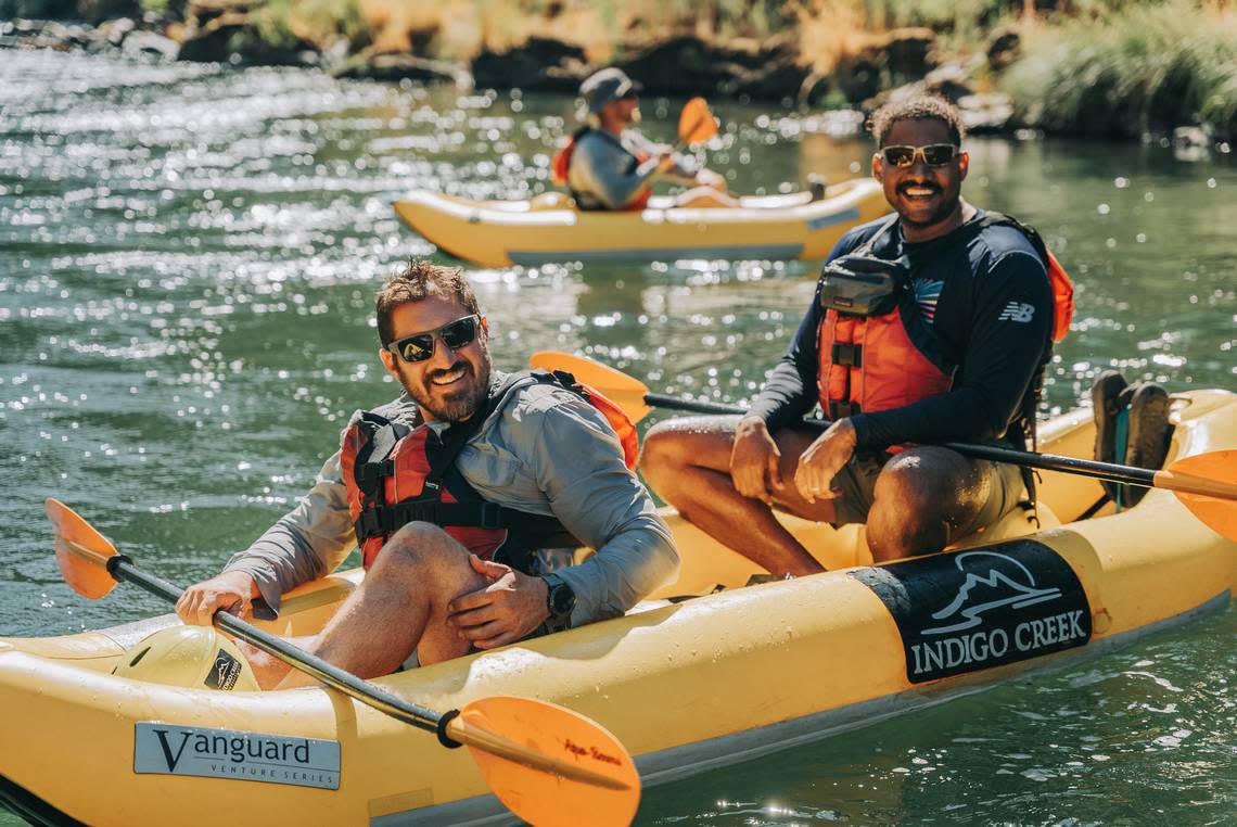 Brian Bowers, left, and Chadd Downing participate in a recent Rogue River rafting trip in Oregon with Wishes 4 Warriors, a veteran-run nonprofit organization based in Idaho that provides outdoor adventures and recreational therapy for combat-wounded veterans.