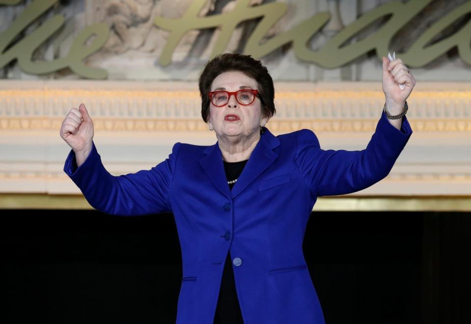 In this 2016 photo, Billie Jean King addresses the NFL Women's Summit in San Francisco. King has been at the forefront in the movement to ban sex discrimination in sports, starting with the risky breakaway from the established USTA to form a new women's tour in 1970.