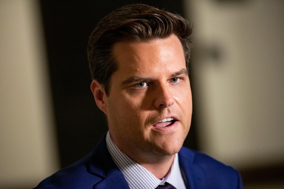 US Rep. Matt Gaetz (R-FL) speaks to the media outside of the Sensitive Compartmented Information Facility (SCIF) during the continued House impeachment inquiry against President Donald Trump at the US Capitol on 30 October, 2019, in Washington, DC (Getty Images)