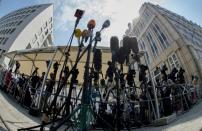 Microphones are set up outside of the Palais Coburg Hotel where the Iran nuclear talks meetings are being held in Vienna, Austria on July 2, 2015