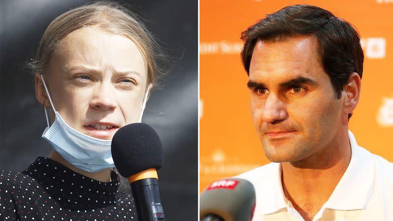 En enero, la activista Greta Thunberg (en la foto a la izquierda) puso en el centro de mira mundial el vínculo de Roger Federer (en la foto a la derecha) con el gigante bancario Credit Suisse. (Getty Images)