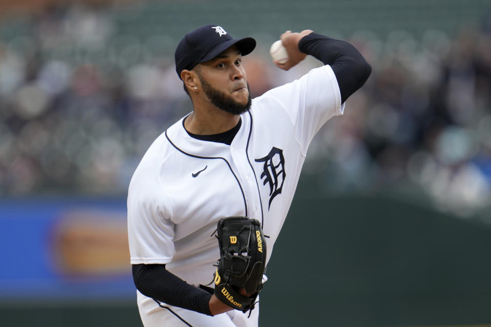 Detroit Tigers pitcher Eduardo Rodriguez throws against the Baltimore Orioles in the first inning during the first baseball game of a doubleheader, Saturday, April 29, 2023, in Detroit.