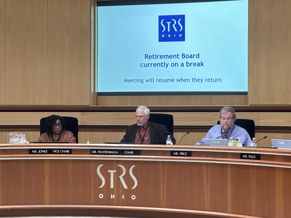 Dr. Rudy Fichtenbaum conducts a meeting of the State Teachers Retirement System of Ohio board of trustees on Wednesday, May 15, 2024, shortly after an election that ousted the previous board chair took place at STRS headquarters in Columbus, Ohio. (AP Photo/Julie Carr Smyth)