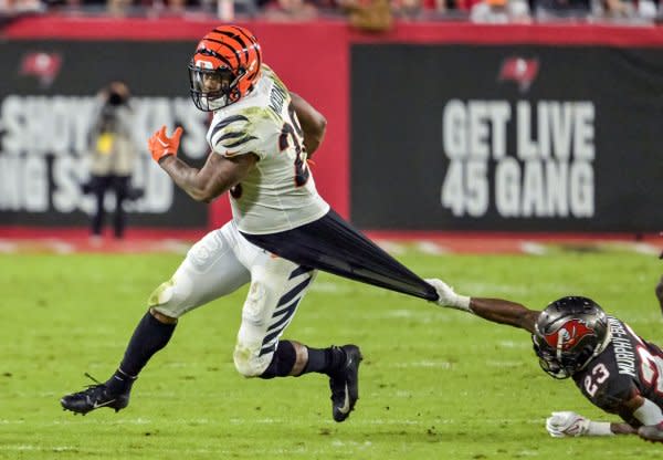 Running back Joe Mixon (L) and the Cincinnati Bengals will play the San Francisco 49ers on Sunday in Santa Clara, Calif. File Photo by Steve Nesius/UPI