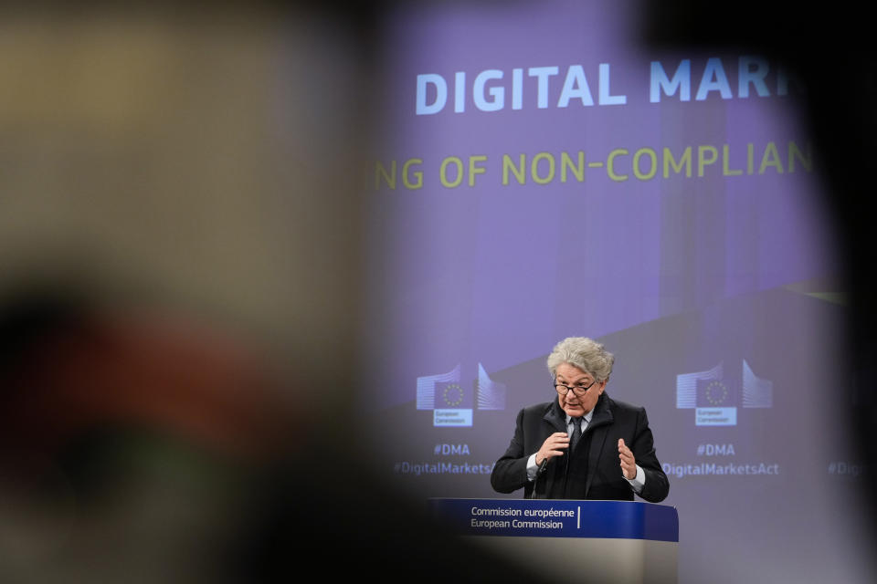European Commissioner for Internal Market Thierry Breton addresses a media conference regarding the Digital Markets Act at EU headquarters in Brussels, Monday, March 25, 2024. The European Commission on Monday opened non-compliance investigations against Alphabet, Apple and Meta under the Digital Markets Act. (AP Photo/Virginia Mayo)