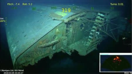 Wreckage of the sunken USS Lexington, a World War Two U.S. Navy aircraft carrier, is seen in this still frame taken from March 4, 2018 underwater video footage courtesy of Paul G. Allen. Mandatory Credit PAUL G. ALLEN/HANDOUT/via REUTERS TV