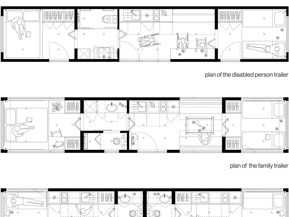 floor plans for four Good Spot mobile hotel rooms