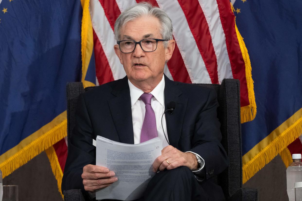 Federal Reserve Board Chairman Jerome Powell speaks during a discussion on 