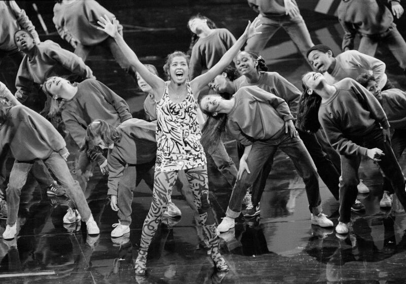 Singer Irene Cara, with the help of 44 dancers, performs the song, "Flashdance...What a Feeling", from the movie, "Flashdance", which won her an Oscar for Best Original Song at the 56th Annual Academy Awards in Los Angeles, Calif., April 9, 1984. (AP Photo)