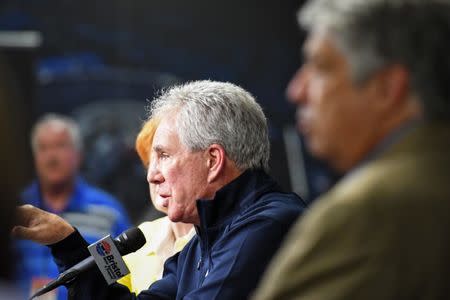 Apr 5, 2019; Bristol, TN, USA; NASCAR hall of famer Darrell Waltrip speaks during a press conference discussing his retirement from Fox Sports after practice for the Food City 500 at Bristol Motor Speedway. Mandatory Credit: Randy Sartin-USA TODAY Sports