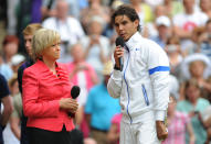 Rafael Nadal is interviewd by Sue Barker of the BBC after losing his Men's Singles Final match against Novak Djokovic on Day Thirteen of the 2011 Wimbledon Lawn Tennis Championships at the All England Lawn Tennis and Croquet Club in Wimbledon, London, UK. Photo: Ben Radford (Photo by ben radford/Corbis via Getty Images)