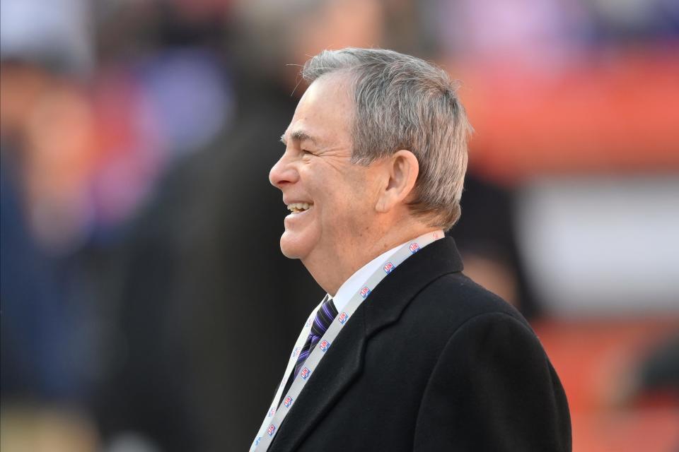 Baltimore Ravens executive vice president Kevin Byrne stands on the field before a game against the Browns, Sunday, Dec. 22, 2019, in Cleveland.