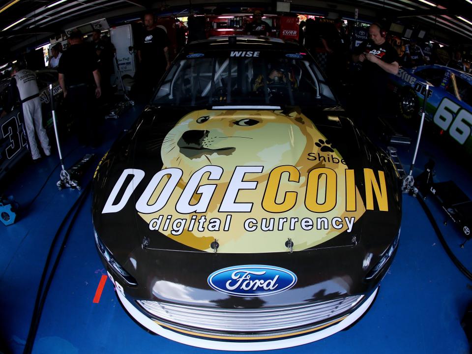 The Dogecoin Ford, driven by Josh Wise, in the garage during the Nascar Sprint Cup Series at Talladega Superspeedway on 2 May, 2014 in Talladega, Alabama (Getty Images)