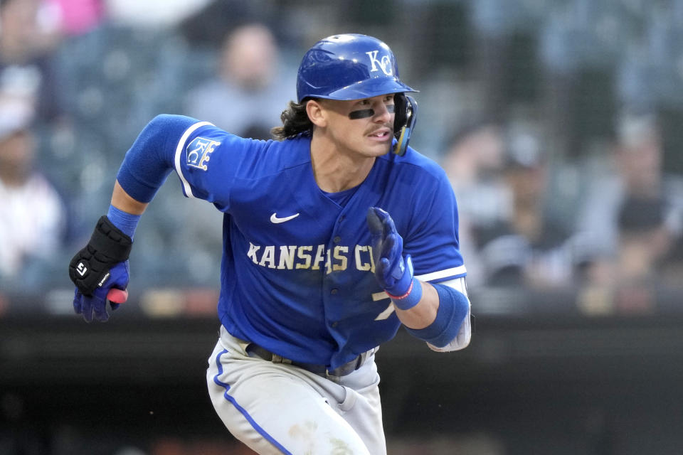 Kansas City Royals' Bobby Witt Jr. watches his single off Chicago White Sox relief pitcher Lane Ramsey during the eighth inning in the first game of a baseball doubleheader Tuesday, Sept. 12, 2023, in Chicago. (AP Photo/Charles Rex Arbogast)