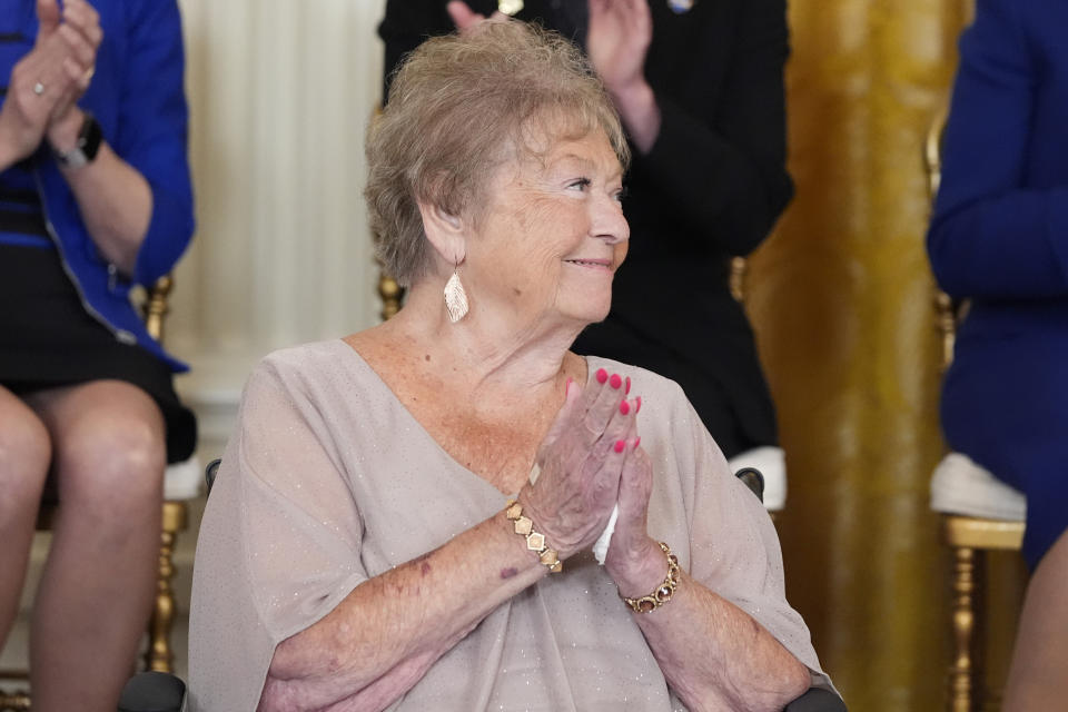 Lynn Hannon, granddaughter of Jim Thorpe listens as President Joe Biden speaks before he awards the nation's highest civilian honor, the Presidential Medal of Freedom, during a ceremony in the East Room of the White House, Friday, May 3, 2024, in Washington. (AP Photo/Alex Brandon)