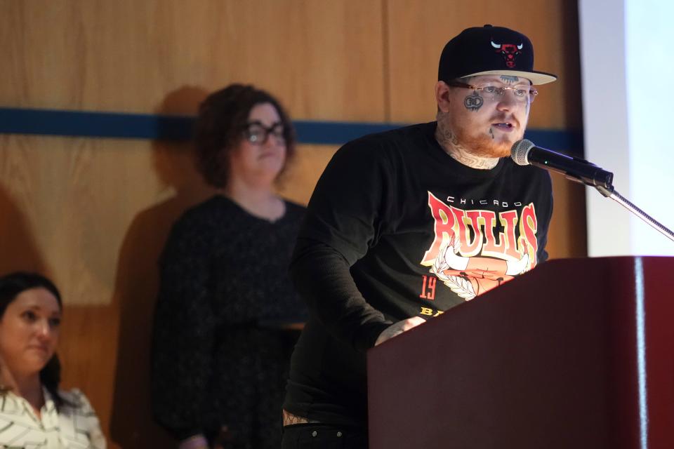 Mar 1, 2024; Columbus, Ohio, USA; Graduate Joseph Henry thanks family and staff during the first graduation ceremony of Franklin County Common Pleas Court's mental health docket called RISE Court.