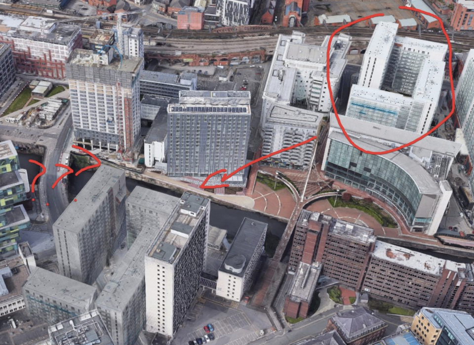 The Google Maps image which shows two buildings in Manchester on the map strikingly similar.