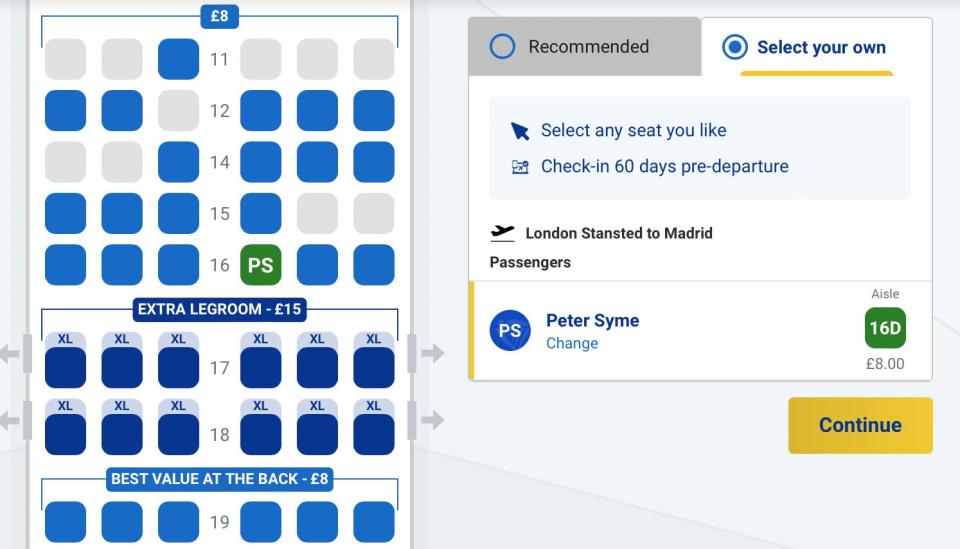 The seat map on a Ryanair booking page