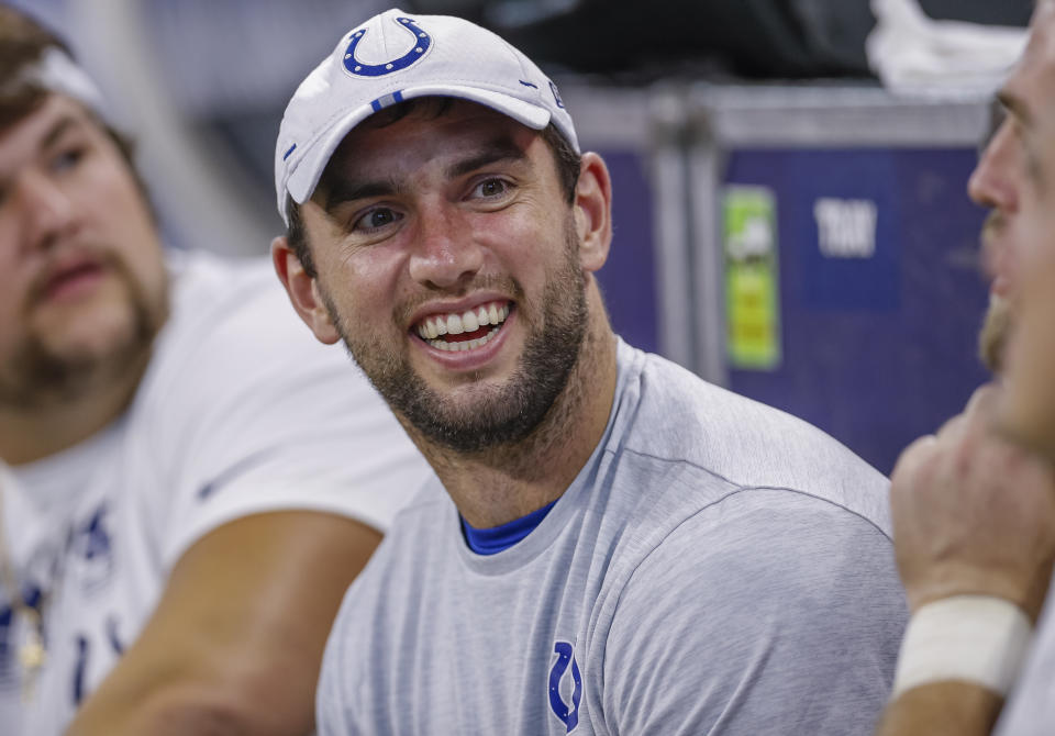 INDIANAPOLIS, IN - AUGUST 17: Andrew Luck #12 of the Indianapolis Colts is seen during the preseason game against the Cleveland Browns at Lucas Oil Stadium on August 17, 2019 in Indianapolis, Indiana. (Photo by Michael Hickey/Getty Images)