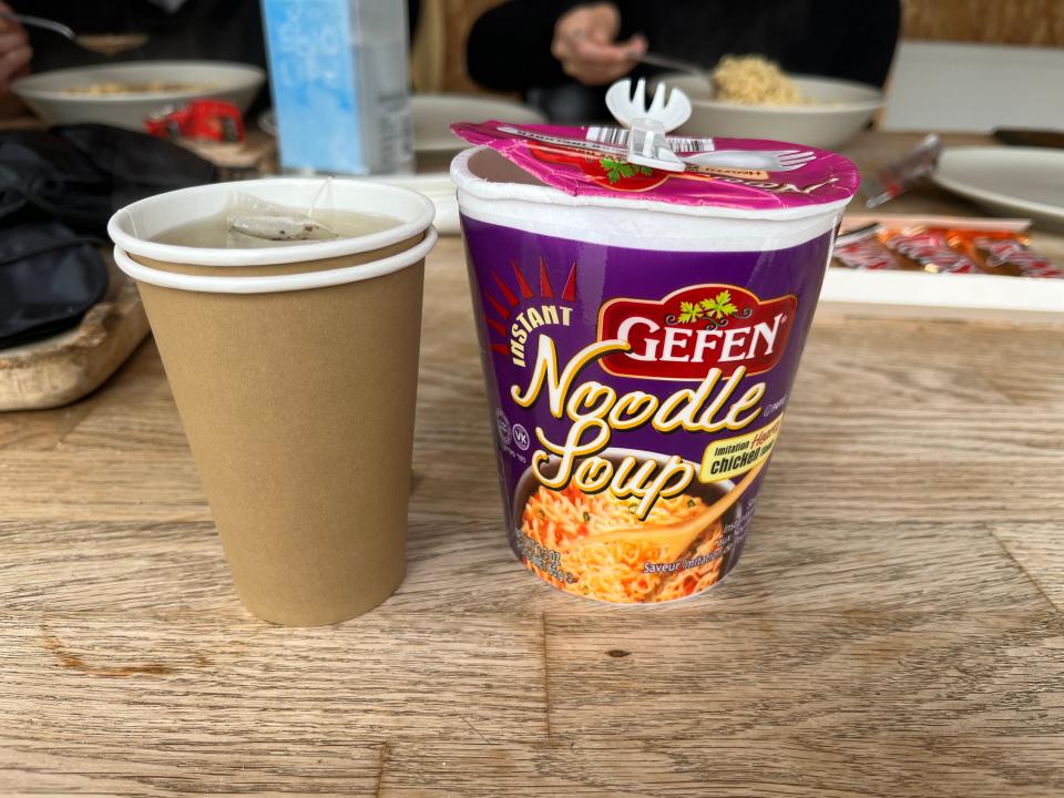 Ramen and tea for breakfast at the Bubble Hotel in Iceland.