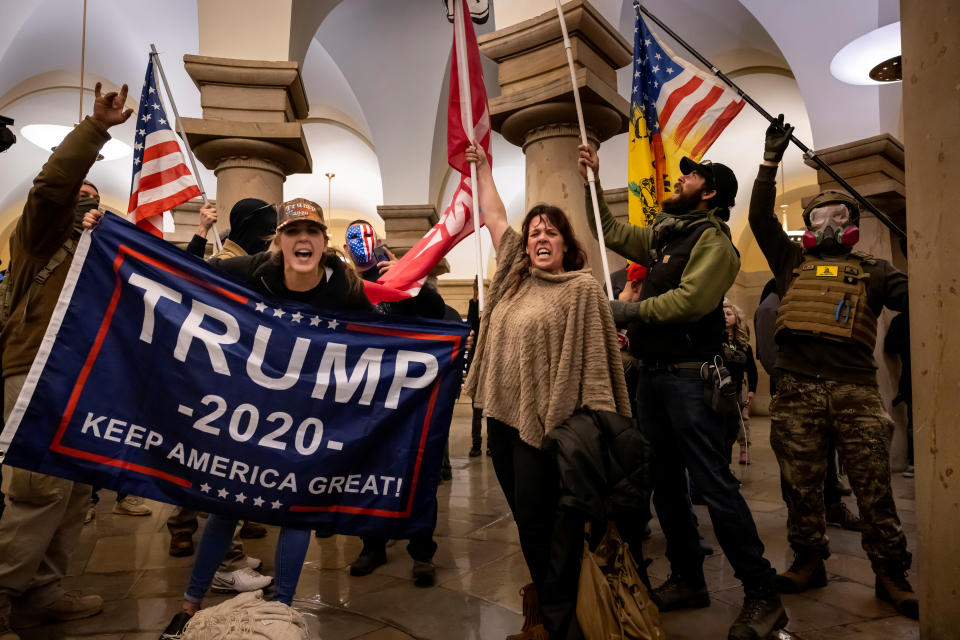 WASHINGTON, DC - JANUARY 6: Supporters of US President Donald Trump protest inside the US Capitol on January 6, 2021, in Washington, DC. - Demonstrators breeched security and entered the Capitol as Congress debated the 2020 presidential election Electoral Vote Certification. (Photo by Brent Stirton/Getty Images)