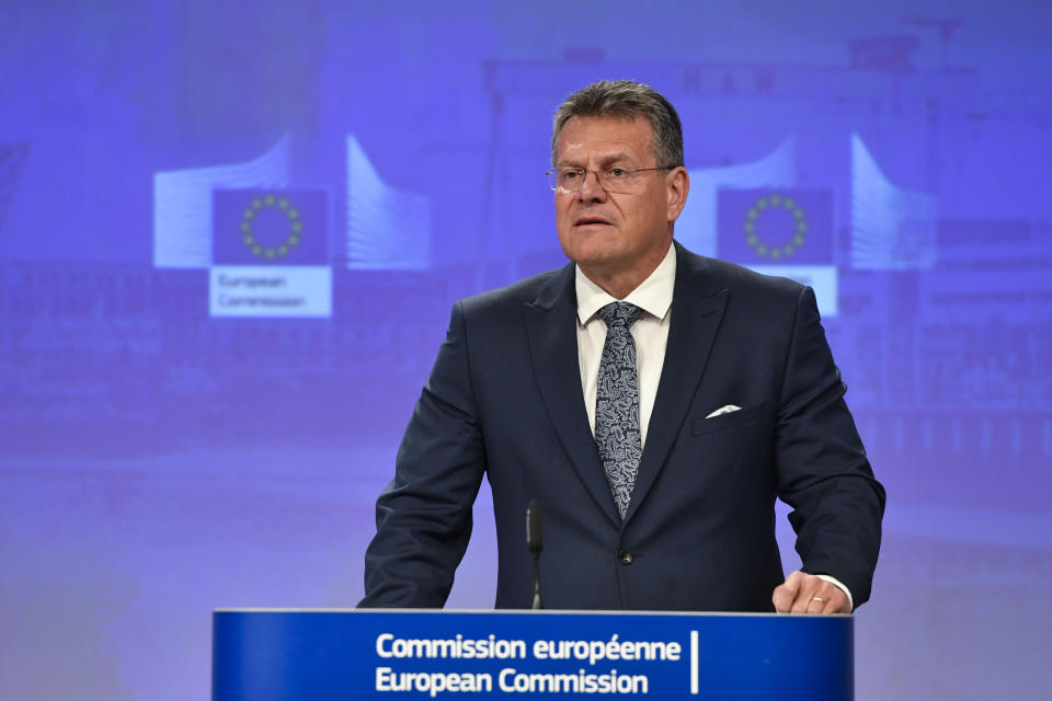 European Commissioner for Inter-institutional Relations and Foresight Maros Sefcovic speaks during a media conference at EU headquarters in Brussels, Wednesday, June 15, 2022. Britain's government on Monday proposed new legislation that would unilaterally rewrite post-Brexit trade rules for Northern Ireland, despite opposition from some U.K. lawmakers and EU officials who say the move violates international law. (AP Photo/Geert Vanden Wijngaert)