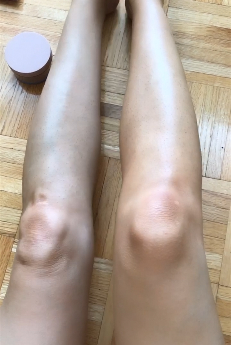 Left leg bare, KKW Body Foundation in Tan on the right.