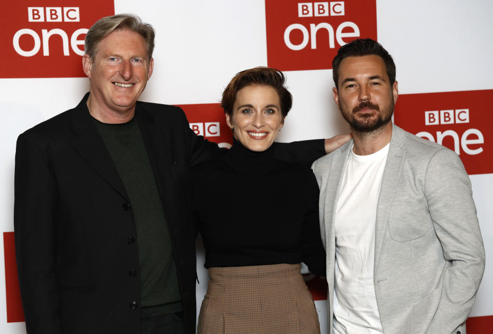 LONDON, ENGLAND - MARCH 18: Adrian Dunbar, Vicky McClure and Martin Compston attend the "Line of Duty" photocall at BFI Southbank on March 18, 2019 in London, England. (Photo by John Phillips/Getty Images)