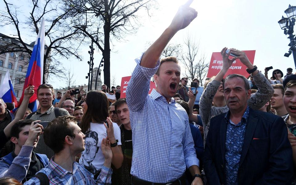 Alexei Navalny at an unauthorized anti-Putin rally in Moscow, 2018