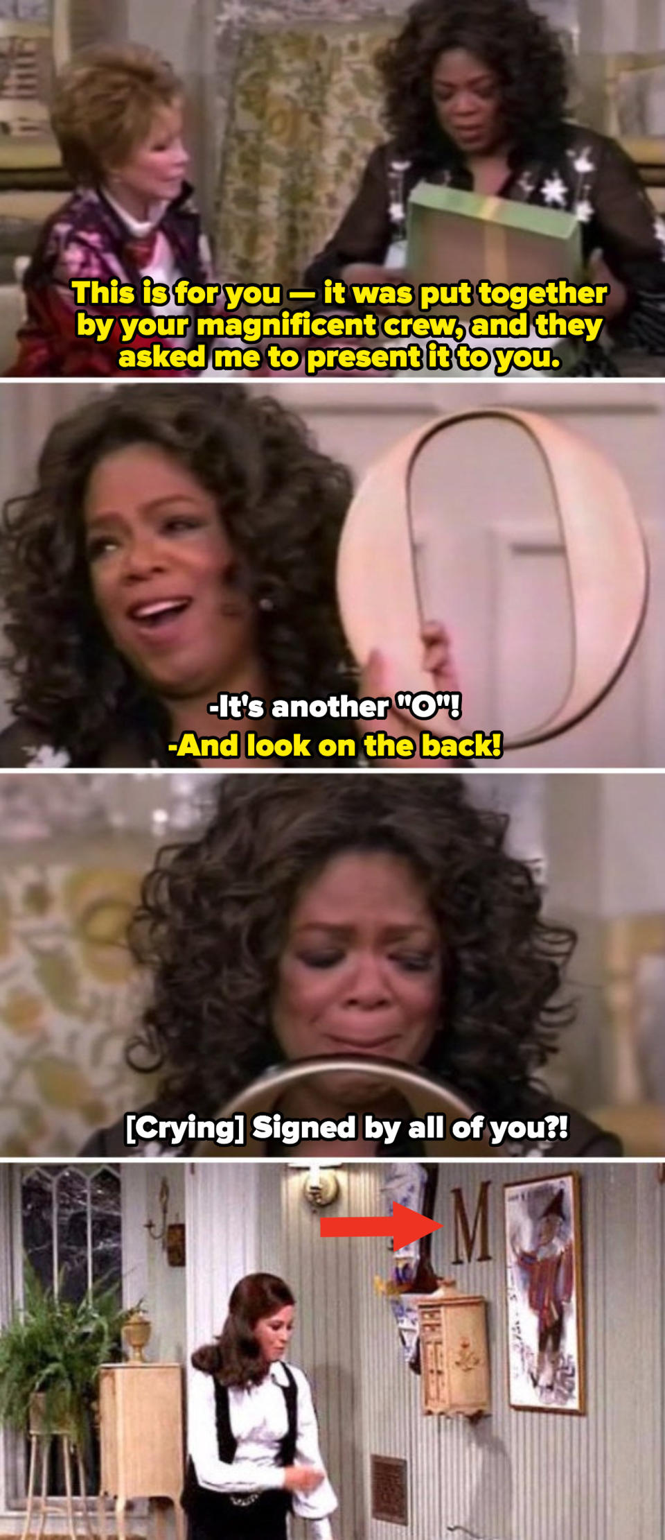 Mary Tyler Moore giving Oprah an "O" on "The Oprah Winfrey Show;" Mary Richards in her apartment in "The Mary Tyler Moore Show"