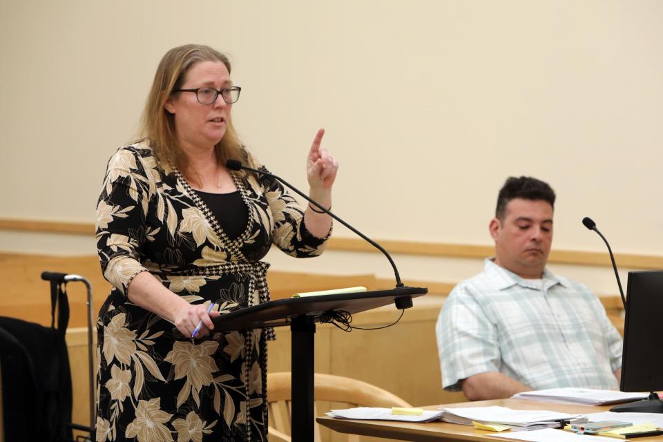 Defense attorney Stefani Jordan gives her opening statement on the first day of Raymond Canario's trial in Rockland County Court Feb. 27, 2023 in New City. Canario, a former building inspector, is charged with filing false documents concerning inspections for Spring Valley with the state of New York. One property included the Evergreen Court Home for Adults, where two people died in a blaze on March 22, 2021. 