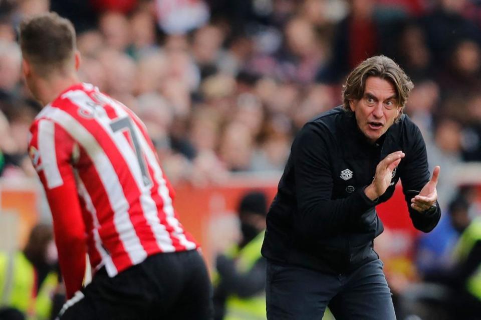 Brentford’s manager Thomas Frank (right) gestures on the touchline during the match against Leicester City at Brentford Community Stadium in October 2021.