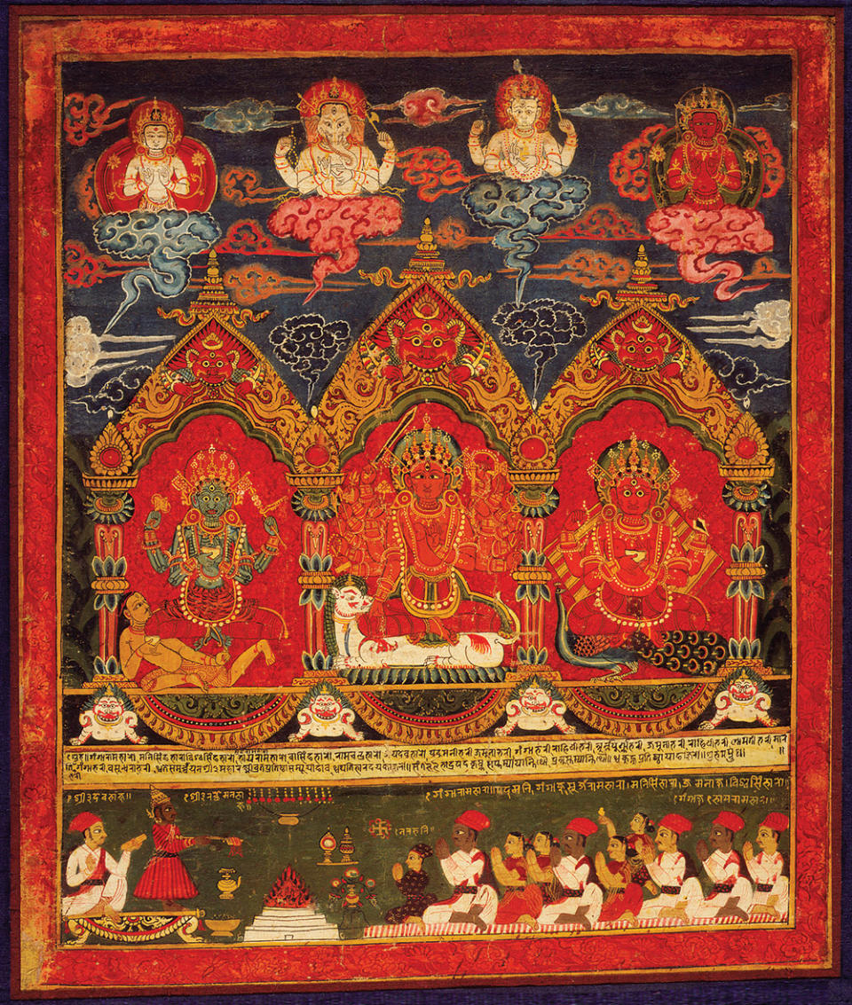 A cotton-cloth painting from 1679 depicting three mother goddesses (gifted by Michael Douglas)