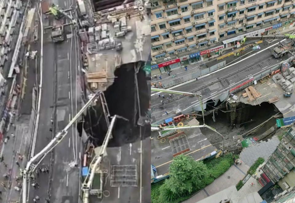 中國成都地鐵道路塌陷，出現12公尺天坑 。（翻攝微博）